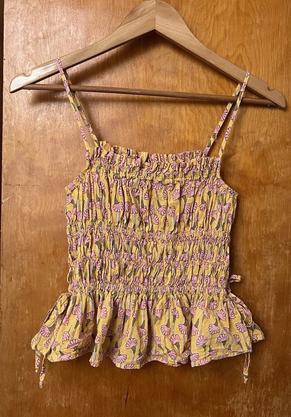 Ciao Lucia Anita Crop Tank Top Smocked Bloom Floral Sz S Block Print Boho Cotton